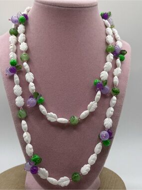 White plastic Bead Necklace with Purple and Green Accents - Women Jewelry